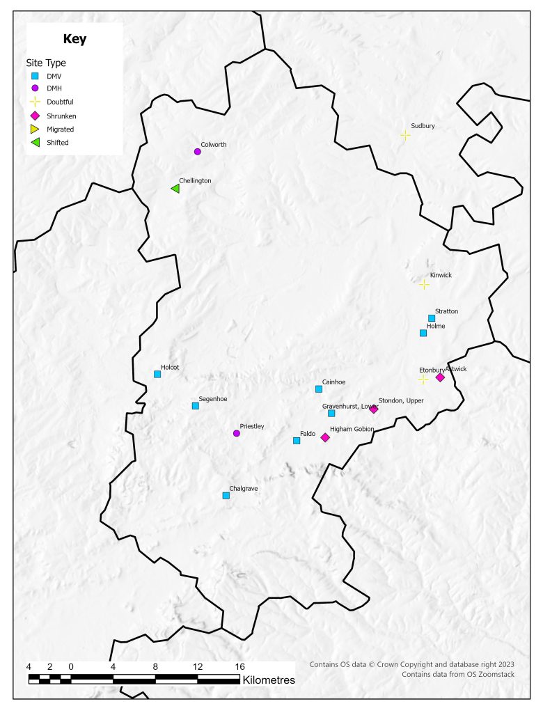 Distribution map of deserted medieval villages in Bedfordshire identified in 1968. Sites are concentrated in the east and south of the centre of the county.