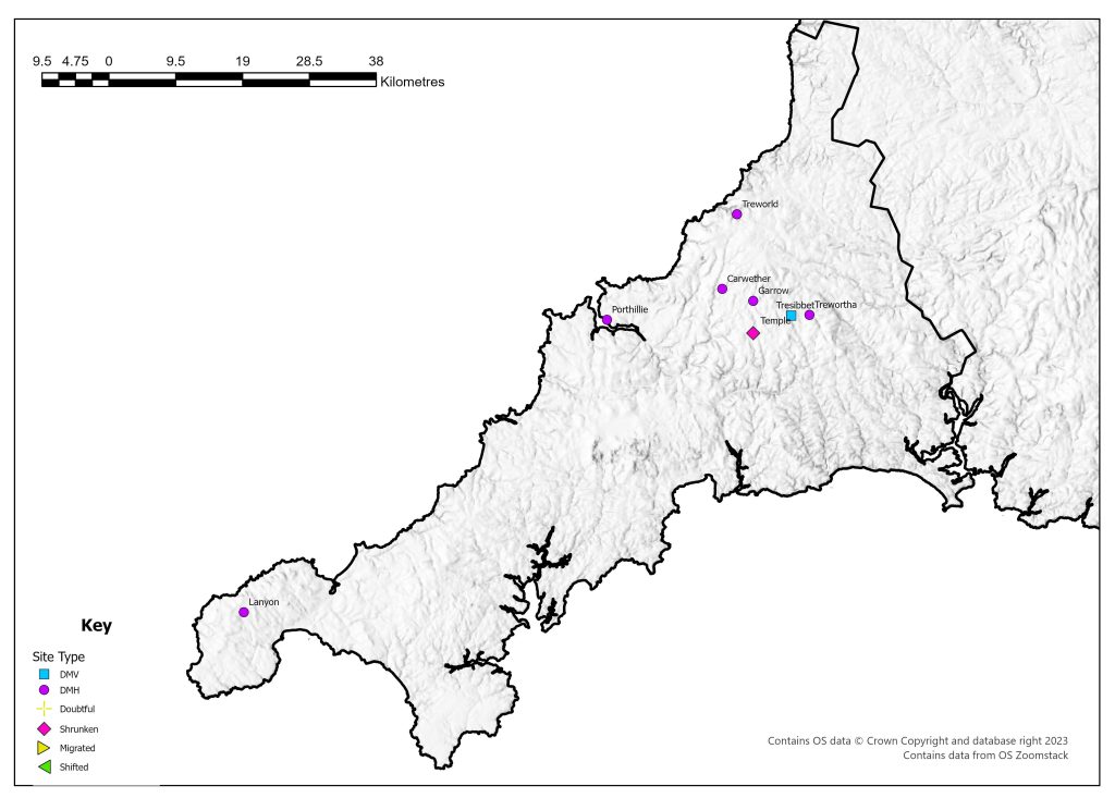 Distribution map of deserted medieval villages in Cornwall identified in 1968. Sites were concentrated in the north of the county, with most classified as hamlets