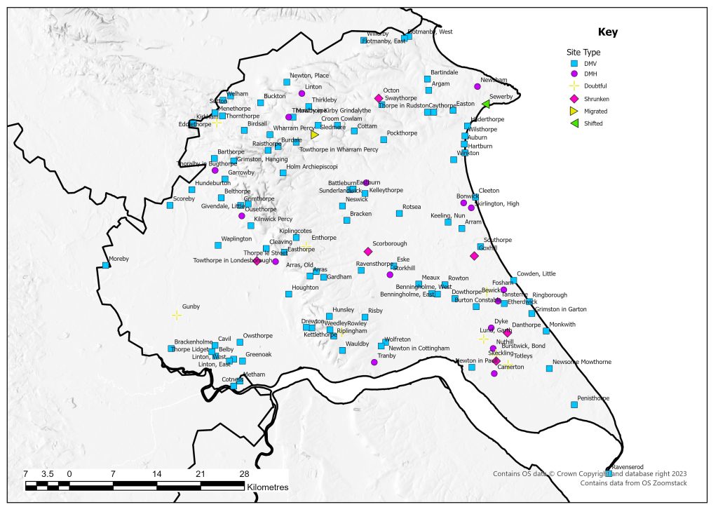 Distribution map of the deserted medieval villages in the East Riding of Yorkshire identified in 1968. A number of sites have been classified now as shrunken settlements. Villages are found throughout the region, with the only gap being in the Vale of York.