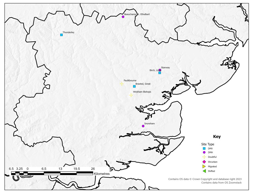 Distribution map of deserted medieval villages in Essex identified in 1968. Only a few sites were identified.