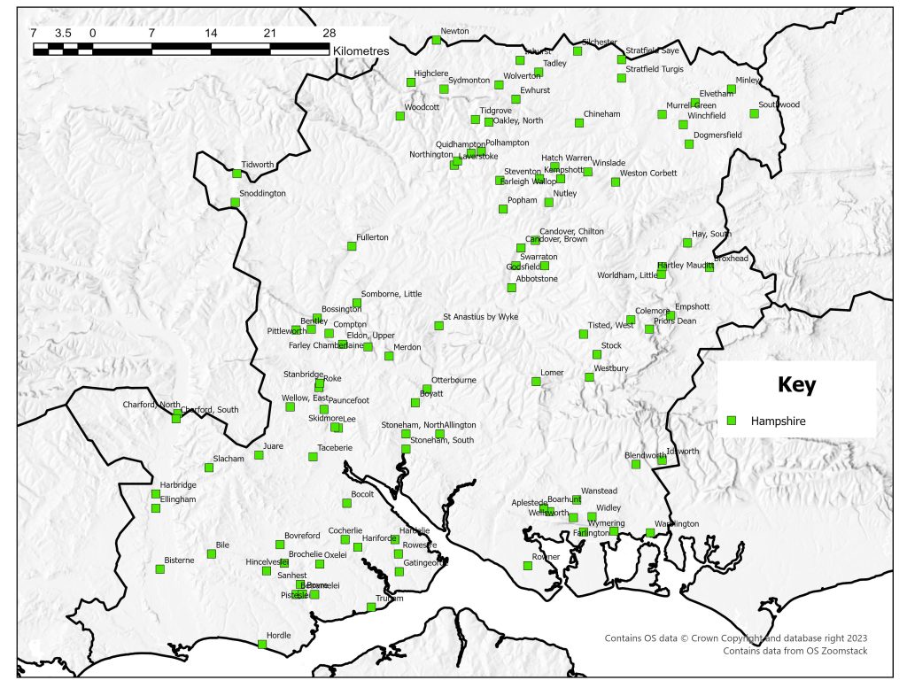 Distribution map of deserted medieval villages in Hampshire identified in 1968. Sites are found throughout the county.