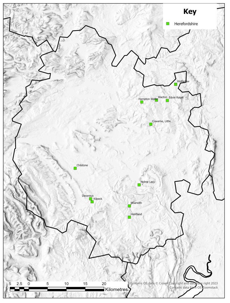 Distribution map of deserted medieval village site in Herefordshire identified in 1968. Sites were found in the eastern half of the county.