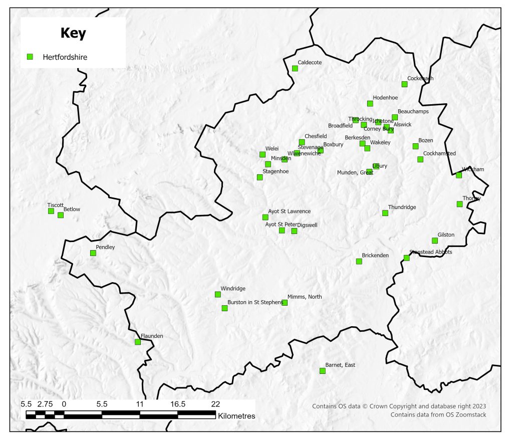 Distribution map of the deserted medieval villages in Hertfordshire identified in 1968. Sites were found throughout the county.