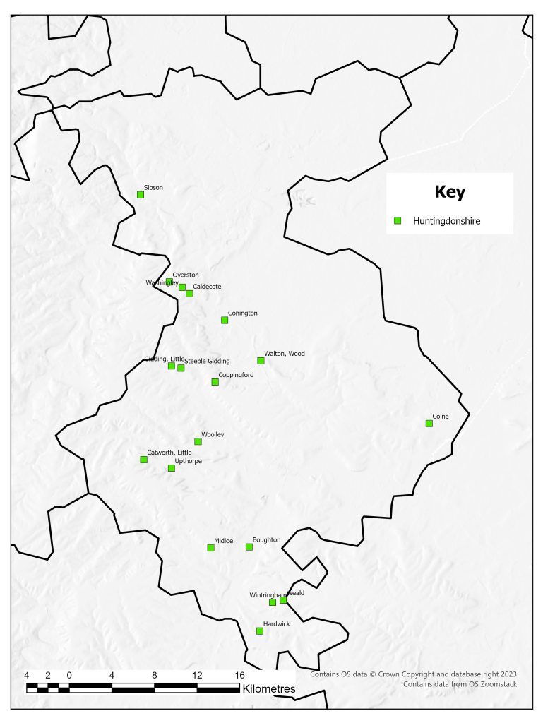 Distribution map of deserted medieval; villages in Huntingdonshire identified in 1968. Sites were concentrated in the west and south of the county.