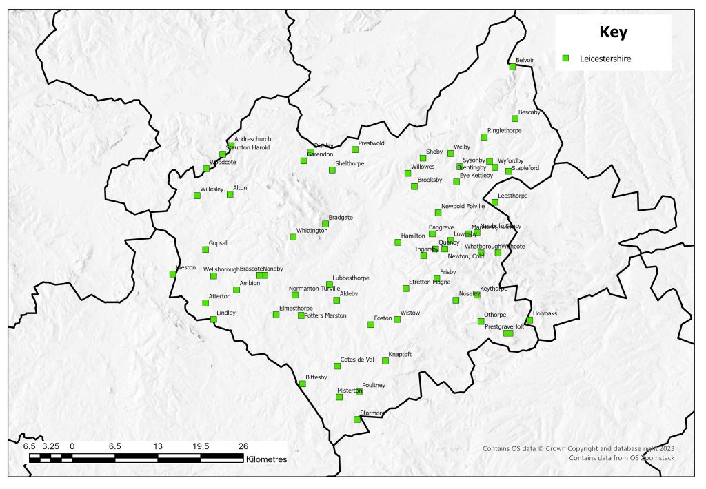 Distribution map of deserted medieval villages in Leicestershire as identified in 1968. Sites are found throughout the county.