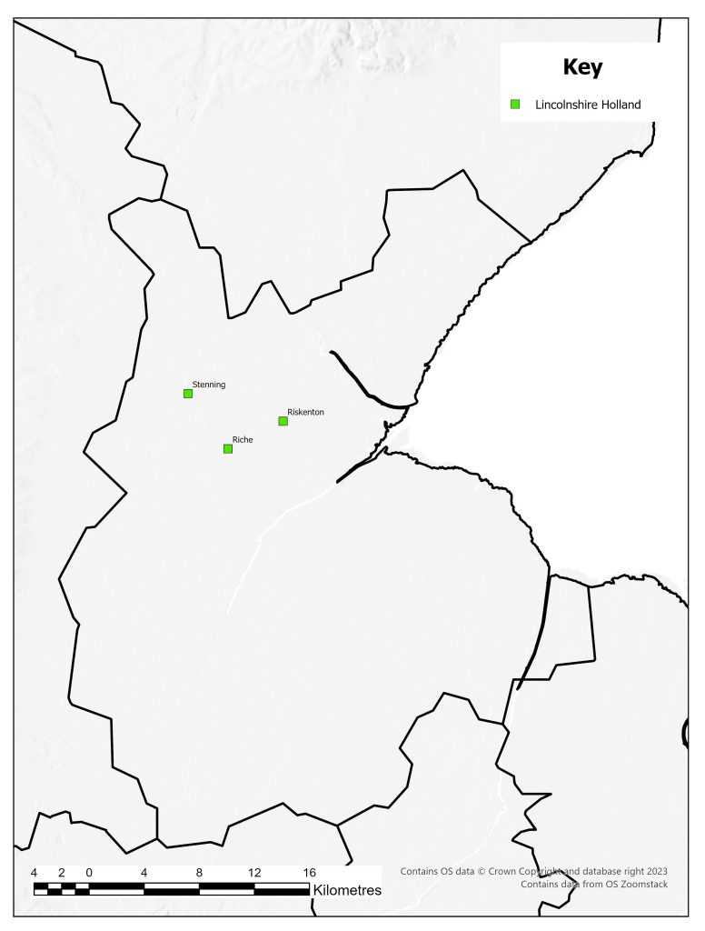 Distribution map of the deserted medieval villages in Holland district of Lincolnshire. very few sites had been identified, and all in the north of the county.