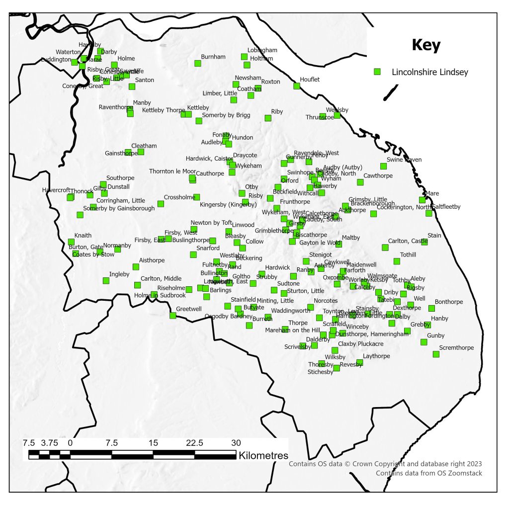 Distribution map of deserted medieval villages in the Lindsey district of Lincolnshire as Identified in 1968. There are a large number of sites throughout the county, with the only notable blank spot being in the south of the county in the areas coming close to the Wash.