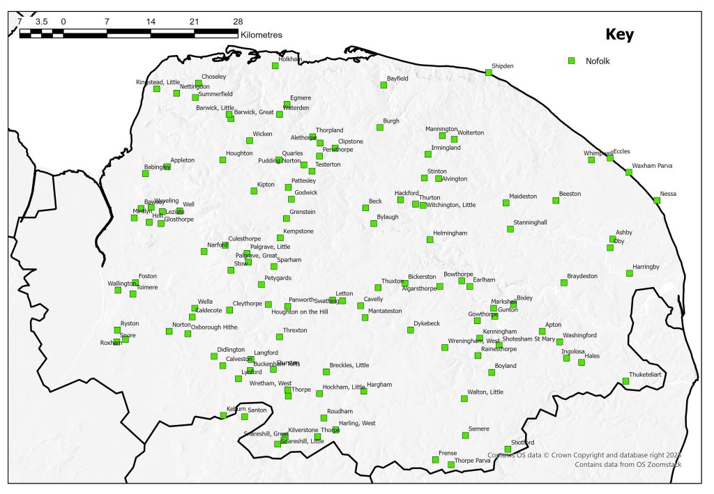 Distribution map of deserted medieval villages in Norfolk identified in 1968. Sites are found throughout the county.