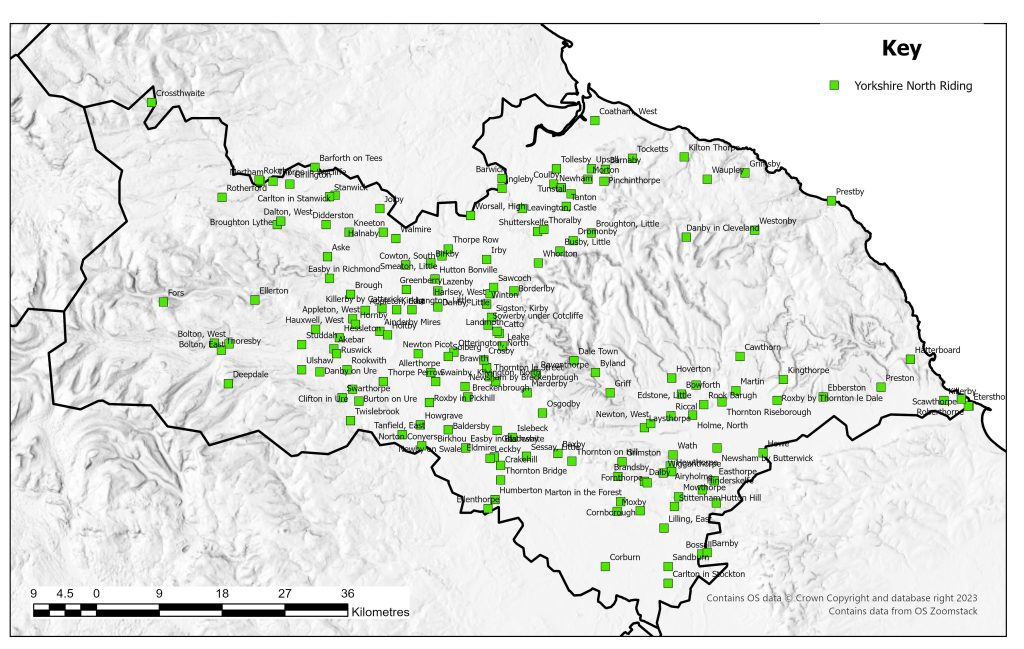 Distribution map of deserted medieval villages in the North Riding of Yorkshire as identified in 1968. There are sies throughout the county, however there are gaps in areas of the North York Moors and to the west of the county.