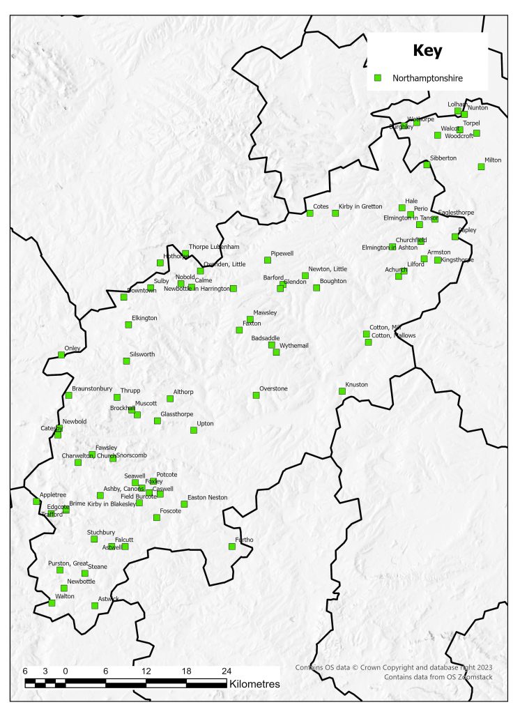 Distribution map of deserted medieval villages in Northamptonshire identified in 1968. Villages were found throughout the county.