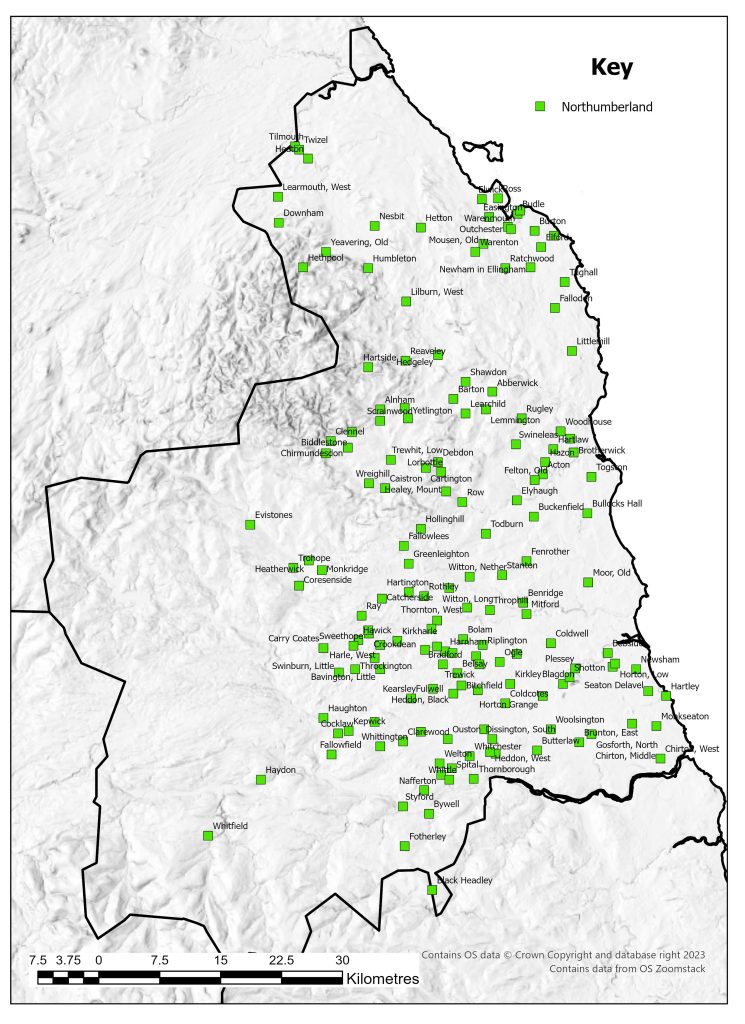 Distribution map of deserted medieval villages in Nottinghamshire identified in 1968. There are a large number of sites concentrated in the central and eastern areas of the county.