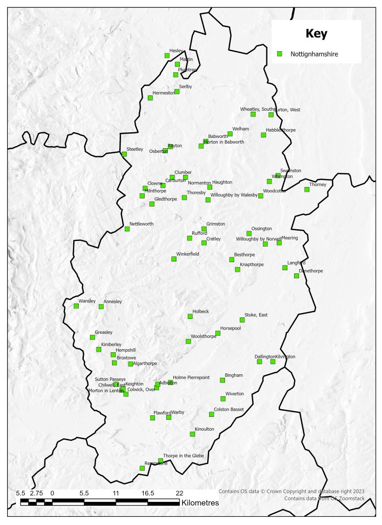 Distribution map of deserted medieval villages in Nottinghamshire identified in 1968. Sires are found throughout the county.