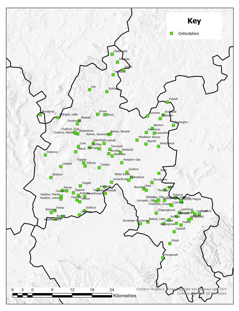 Distribution map of the deserted medieval villages in Oxfordshire identified in 1968. There are a large number of sites spread throughout the county.