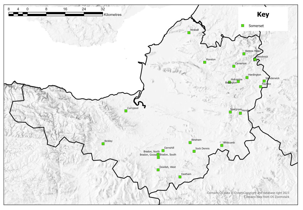 Distribution map of the deserted medieval village sites in Somerset as identified in 1968. Sites are concentrated along the southern and eastern edges of the county.