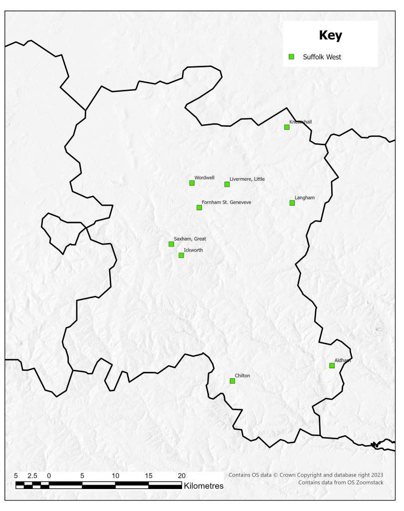 Distribution of deserted medieval villages in West Suffolk as identified in 1968. Only a small number of sites had been listed at this point, with a concentration in the north