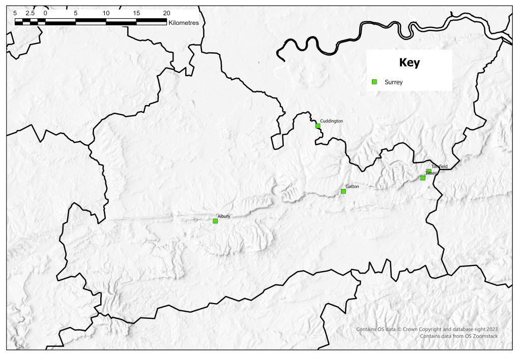 Distribution of deserted medieval villages in Surrey as identified in 1968. Very few sites had been listed at this point, predominately in the east of the county