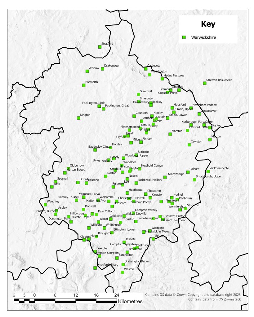 Distribution of deserted medieval villages in Warwickshire as identified in 1968. Villages are located through the county but with a less dense pattern in the north west.