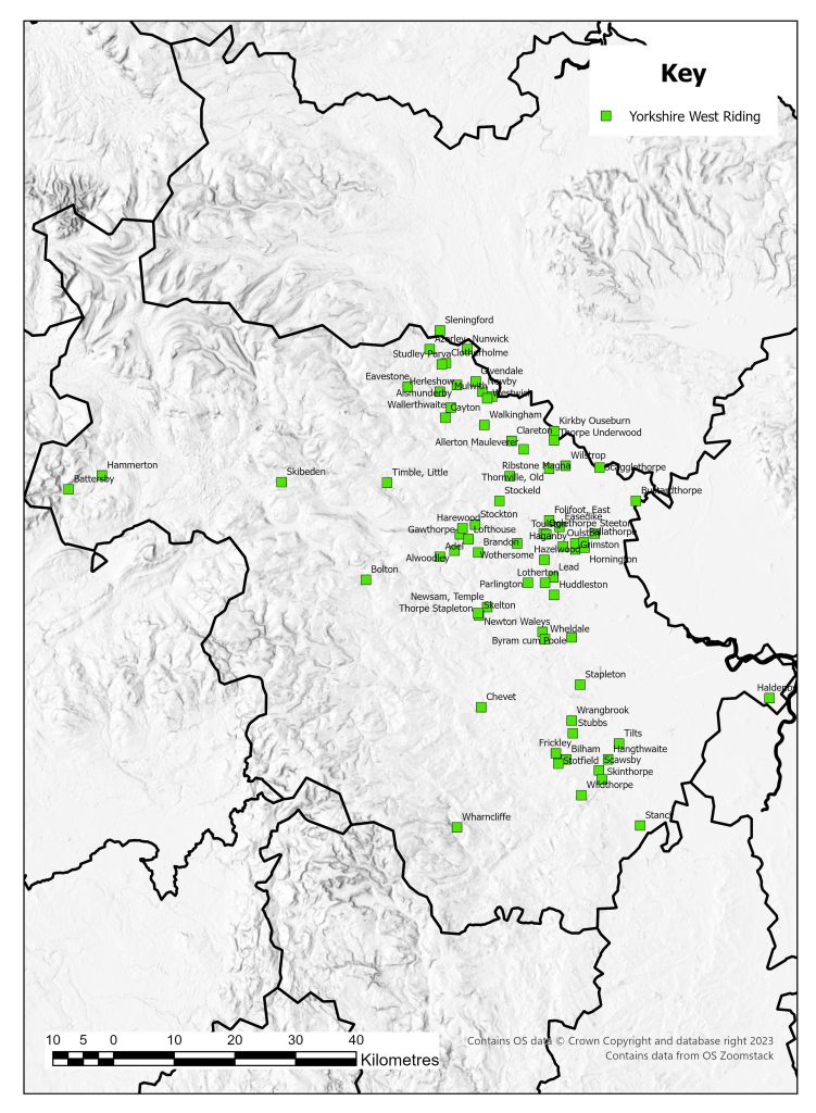 Distribution map of deserted medieval villages in West Riding of Yorkshire identified up to 1968. There is a concentration of villages on the eastern side of the county.