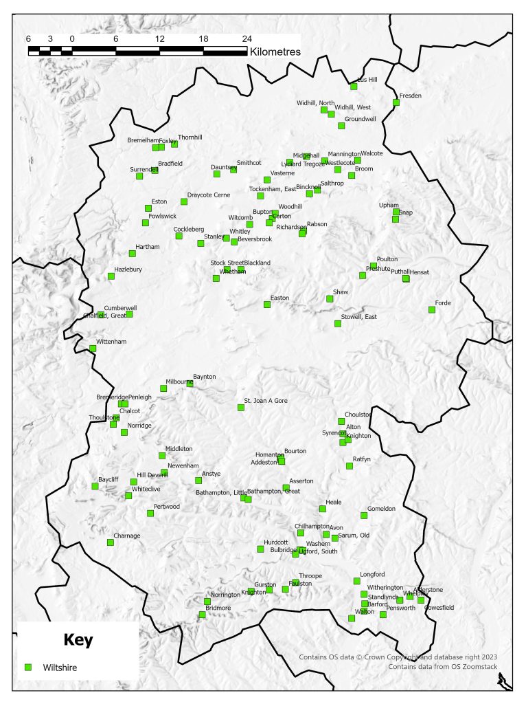 Distribution of deserted medieval villages in WIltshire identified upto 1968. There are recorded villages throughout the county, concentrated in areas of higher elevation.